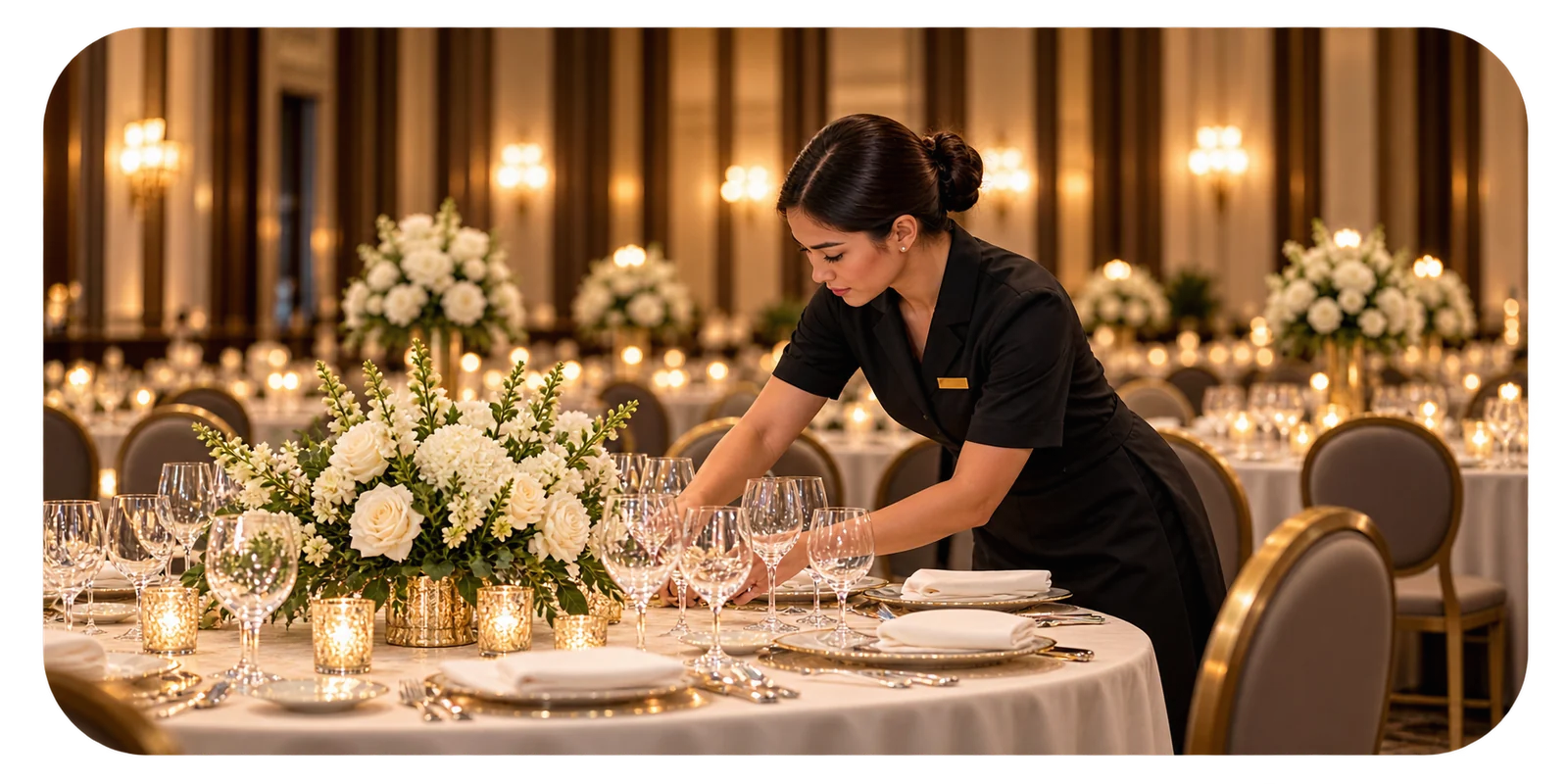 Banquet staff setting tables for a hotel event