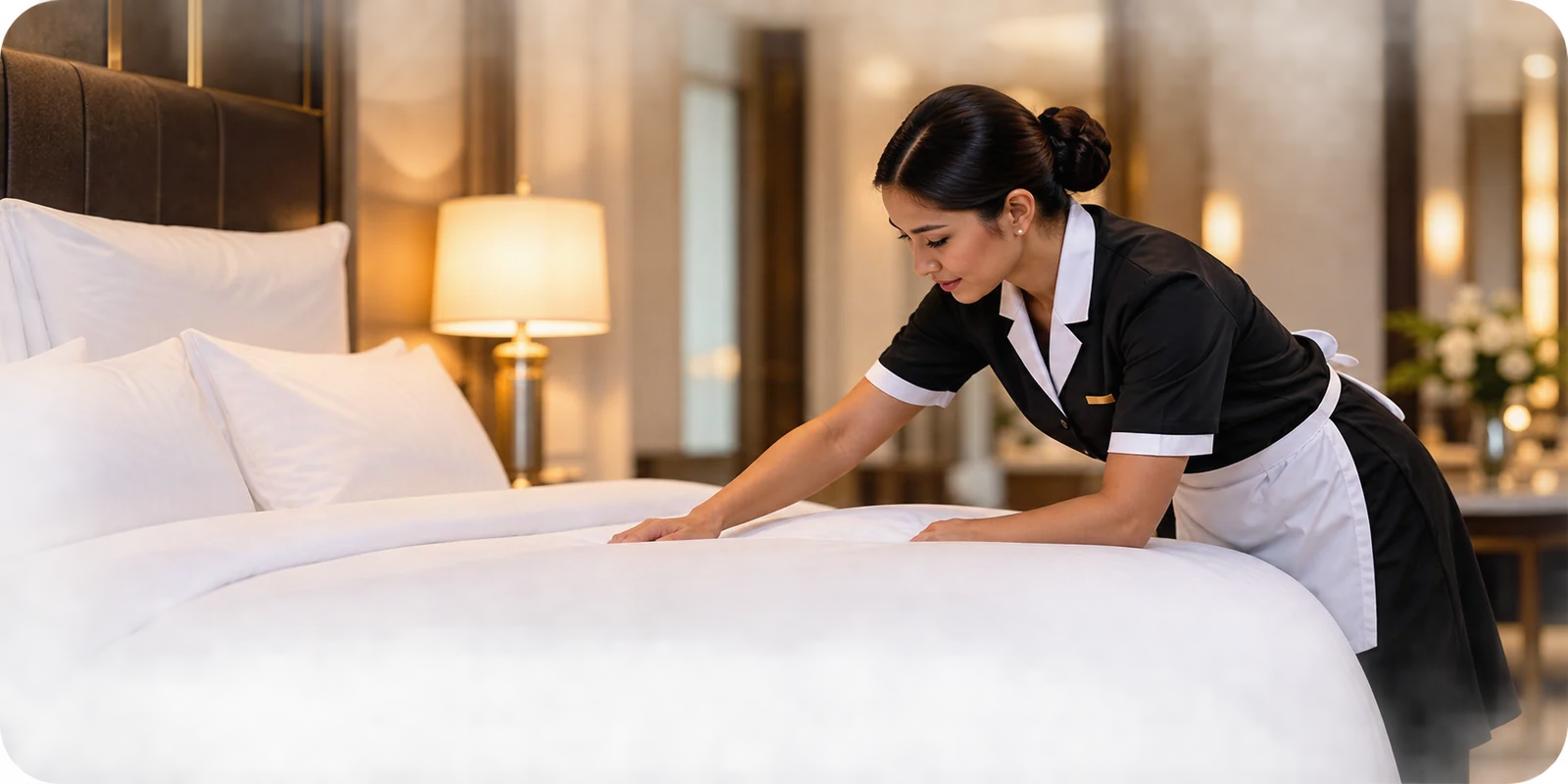 Room attendant preparing a hotel guest room
