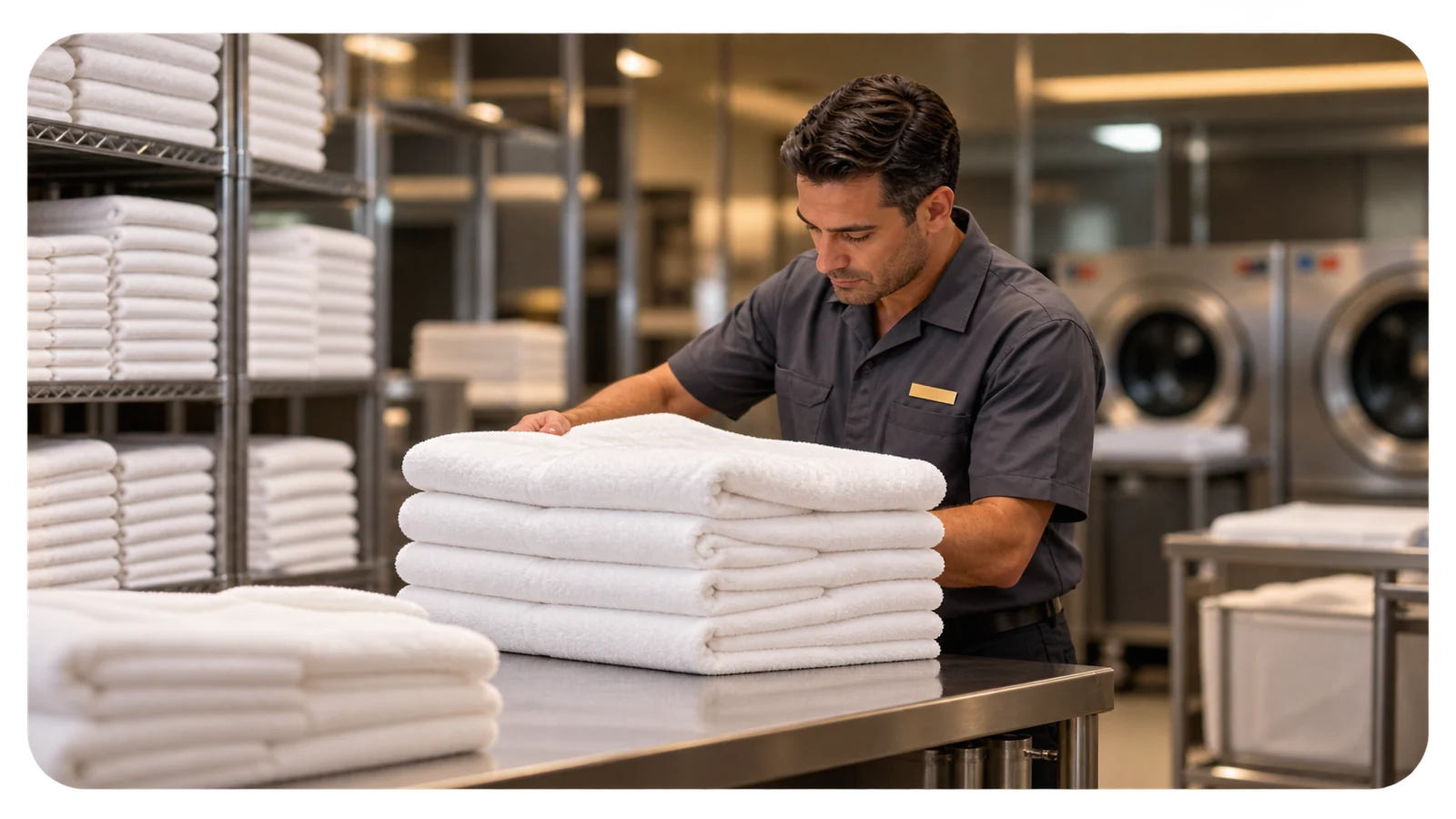 Laundry attendant folding hotel towels